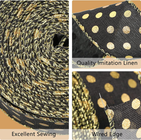 1.5 Inch Wedding Ribbon Wired Burlap Stripes Ribbon for Wreath Stripes Dots for Christmas Anniversary Bachelor Party Decor Craft, 3 Rolls (Black a...