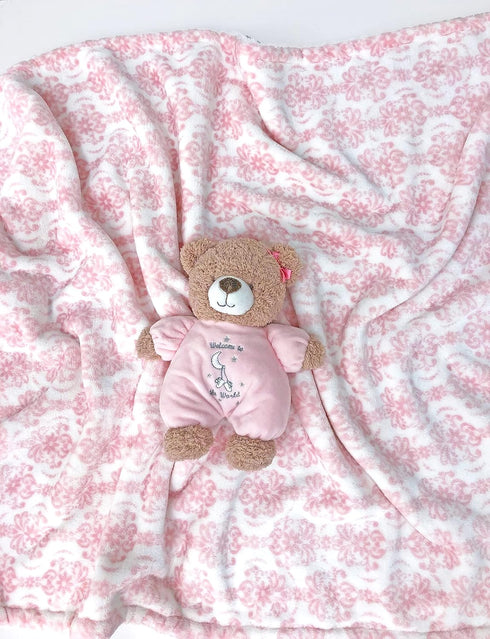 Little Me Plush 2-Ply Baby Blanket, 2 Sided Reversible, 30" x 40" (Pink Damask Print)...