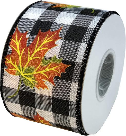 Fall Leaves Buffalo Plaid Ribbon - 2 1/2" x 10 Yards, Wired Edge, Orange Leaf, Black and White Plaid, Halloween, Thanksgiving, Fall Decor, Christm...