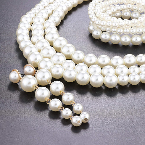 FINREZIO Women's Faux Three Multi-Strand Pearl Necklace Long Pearl Dangle Earrings and Bracelet Jewelry Set for Women...