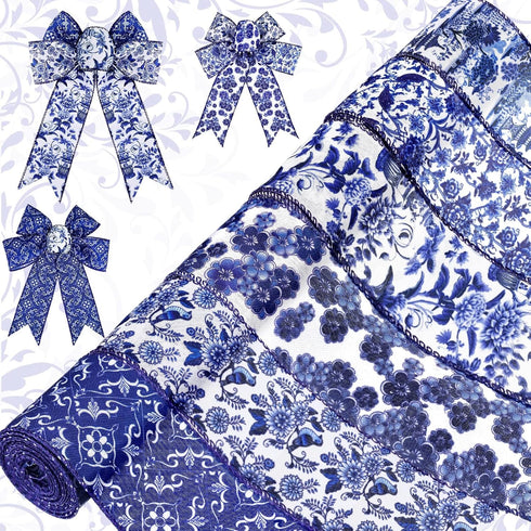 Lyrow 6 Rolls Chinoiserie White and Blue Wired Edge Ribbon Chinoiserie Ribbon Floral Ribbon Butterfly Craft Flower Pattern Fabric Ribbons for Craf...