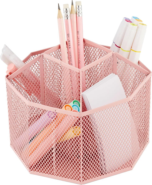 Annova Mesh Desk Organizer Rotate with 5 Compartments Spinning Tidy Candy/Pen Holder Office, Art Supply, Storage, Classroom, Home (Light Pink)...