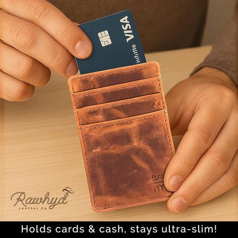 RAW HYD Men's Full-Grain Leather Slim Wallet with Money Clip - RFID Blocking, 5 Card Sleeves, Holds 15 Bills, Compact & Durable - Reddish Brown...