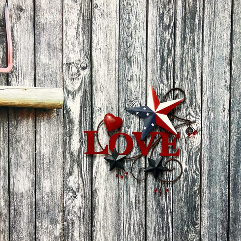 Primitive Country Metal Love Star Wall Art, Americana Hearts and Stars, 4th of July Farmhouse Patriotic Indoor Outdoor Wall Decor (Love)...