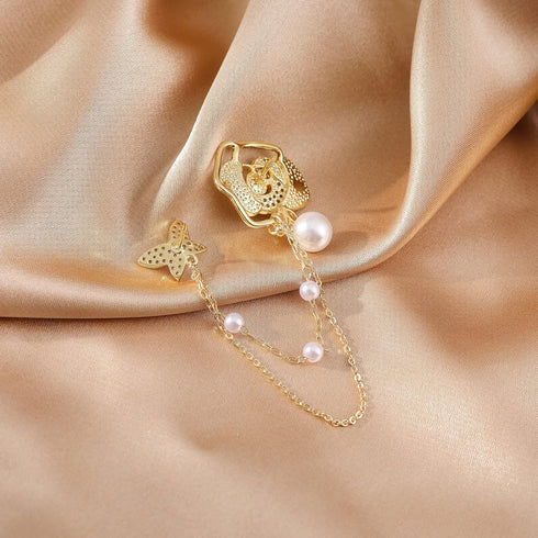 Golden Flower Pearl Brooch Pins for Women Chain Butterfly Cameo Copper Lapel Brooch Pins...