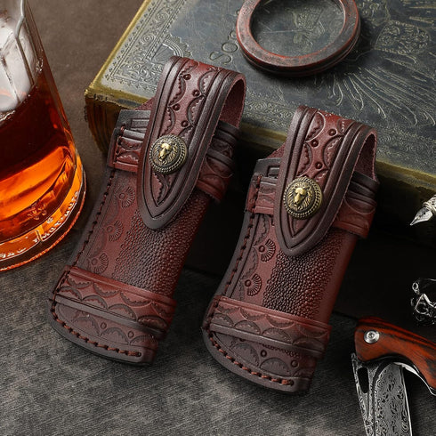 Omesio Pocket Knife Sheath Big (L), 5.28" (for <13.41cm knife) Leather Knife Sheaths for Belt, Horizontal Knife Sheath for Belt Sideways, Brown Le...
