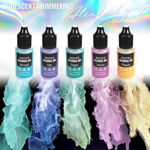 Pixiss Iridescent Color Changing Alcohol Ink Set - 5 Shades of Alcohol Ink for Epoxy Resin Supplies, Yupo Paper, Tumblers, Coasters - Resin Colora...