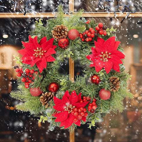 Adeeing 16 Inch Christmas Wreath, Outdoor Christmas Wreath with Red Artificial Poinsettia Flowers Ball Ornaments Pine Cones Berries for Door Wall ...