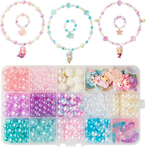 OSNIE Mermaid DIY Bead Jewelry Making Kit for Kids Girls with Jellyfish Shark Heart Starfish Shell Sailboat Pearl Charms Beads for Bracelets Rings...