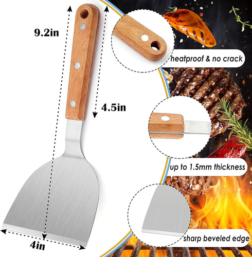 Metal Spatulas, HaSteeL Stainless Steel Griddle Spatula Turners with Wooden Handles, Professional Griddle Tools for Flat Top Teppanyaki Skillet Ca...