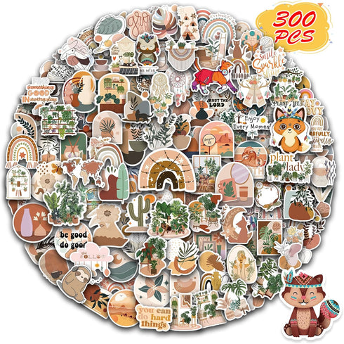 300 PCS Aesthetic Boho Stickers, Cute Vinyl Waterproof Stickers for Water Bottles Laptop Phone Journaling Scrapbook Junk Journal, Scrapbooking Sup...