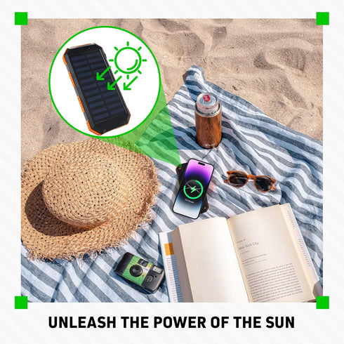 Solar Power Bank, 15,000 mAh Portable Charger Power Bank, Weatherproof Powerbank, Compass, 2 Flashlights, 2 USB-A, USB-C & Micro USB Ports...