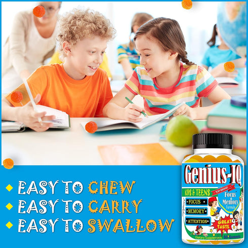 Genius IQ Kids Brain Supplements for Memory and Focus Omega 3-6-9, EPA DHA Gummy Vitamins, Brain Booster Calm Gummies,Supports Concentration, Clar...