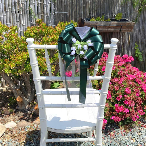Hunter Green Pull Bows with Tulle Tails and Rosebuds - 8" Wide, Set of 6, Spring, Wedding Pew Bows, Aisle Decoration, Reception, Anniversary, Birt...