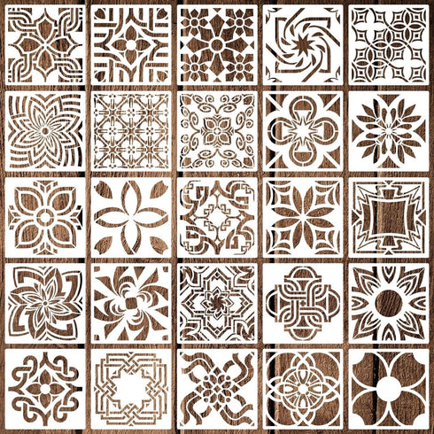 25 Pack Tile Stencils, Reusable Flower Pattern Painting Stencils for Painting on Wall Wood Floor Furniture...