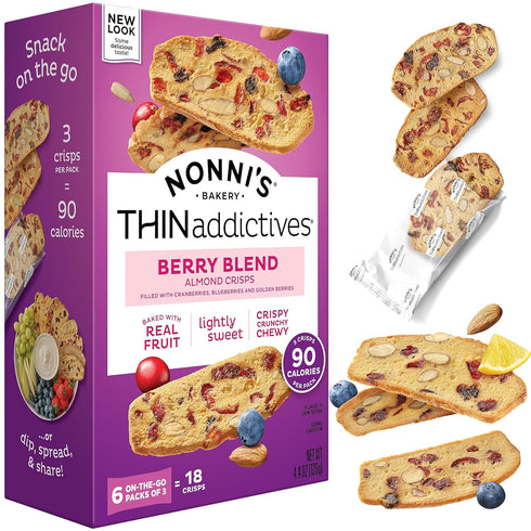 Nonni's THINaddictives Almond Thin Cookies - Berry Blend Almond Cookies - Almond Cookie Thins w/Cranberries Blueberries Goldenberries Raisins Sunf...