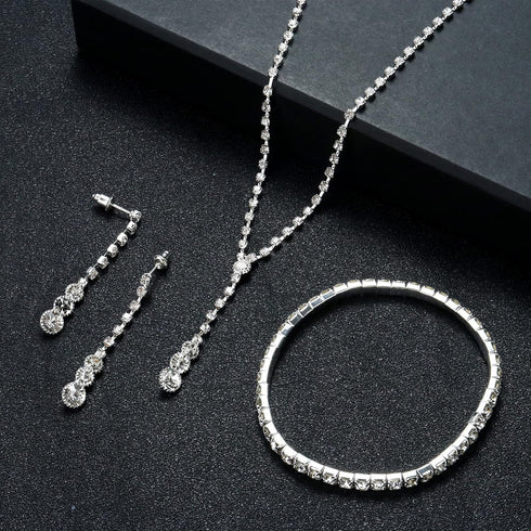 CASSIECA Silver Bridal Jewelry Set Rhinestone Necklace Bracelet Dangle Earrings for Bride Bridesmaid Teardrop Pendant Crystal Wedding Prom Jewelry...