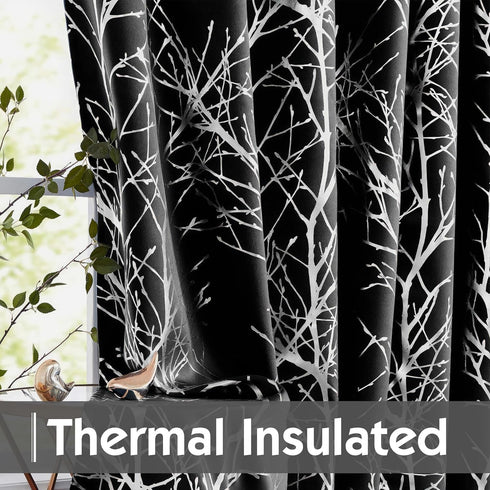 FMFUNCTEX 100% Blackout Curtains for Bedroom, Curtains 54 Inch Length Black Branch Curtains for Living Room, Silver Foil Metallic Tree Patterned P...