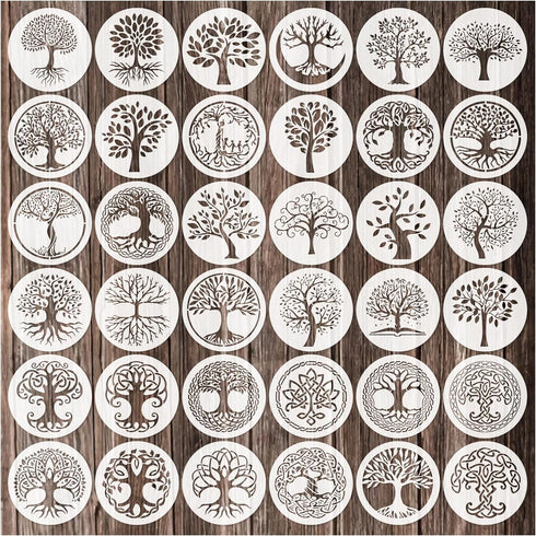 36 Pieces Tree of Life Stencils, 4 Inch Round Reusable Tree Stencils for Painting on Wood Plastic Drawing Natural Tree Template for Coaster Canvas...