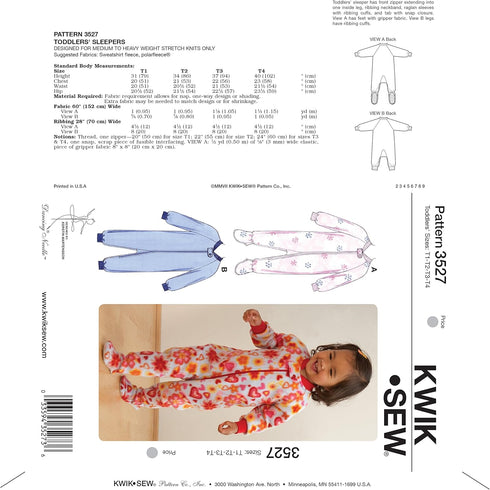 Kwik Sew K3527 Sleepers Sewing Pattern, Size T1-T2-T3-T4...
