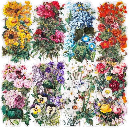 Knaid 100 Pieces Vintage Flower Stickers Set - Big 3.4" Waterproof Clear Botanical Floral Journaling Sticker for Scrapbooking Junk Journal Supplie...