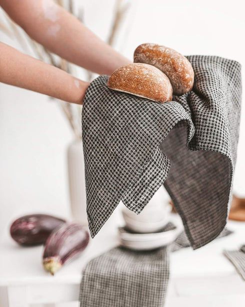 Pure 100% Linen Hand Towels - Set of 2 Linen Kitchen Towels Waffle Weave Black-Natural - 13 x 29-inch Soft Lightweight Stone-Washed Dish Towels - ...