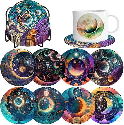 8 Pieces Diamond Art Coaster Kit with Holder DIY Sun and Moon Diamond Art Coaster Gifts 5d Diamond Dot Coaster for Beginners Adults Kids Art Table...