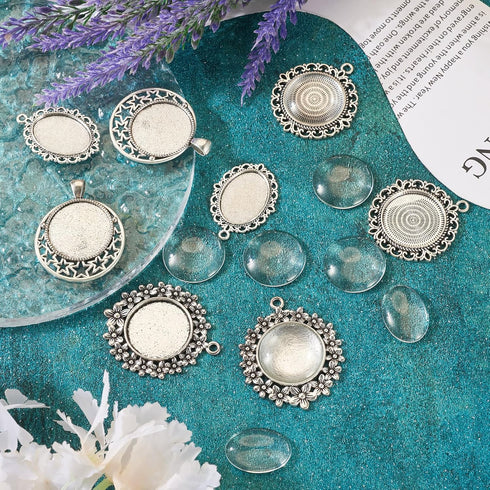 FASHEWELRY 16Pcs Oval Round Bezel Pendant Trays Antique Silver Bezel Blanks Cabochon Setting with Clear Glass Cabochon for Photo Pendant Craft Jew...