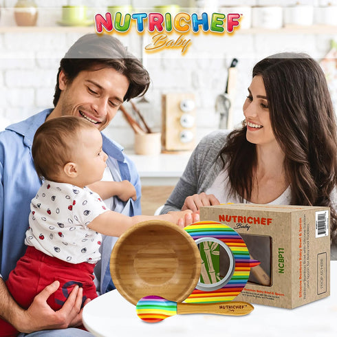 NutriChef Bamboo Baby Feeding Bowl - Wooden Infant Toddler Dish and Spoon Set w/Silicone Suction Base for Stay Put Eating, For Children Aged 4-72 ...