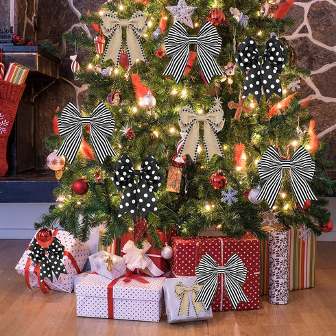 4 Rolls 24 Yards Christmas Farmhouse Buffalo Plaid Ribbons Wired Edge 2.5 Inch Farmhouse Burlap Ribbon Black White Stripe Wrapping Ribbon Polka Do...