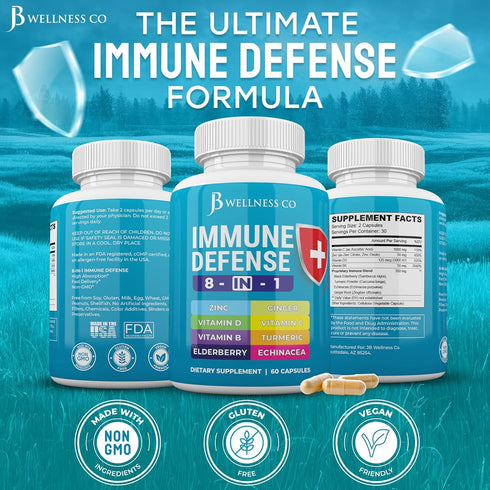 Immune Support 8 in 1 Capsules - Zinc Supplement, Vitamin D3 5000 IU, Vitamin C 1000MG and Elderberry - Immune Booster Supplement with Echinacea, ...