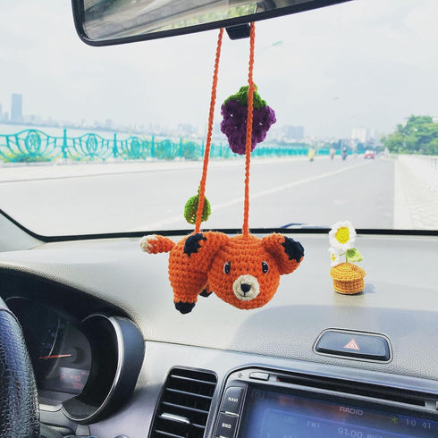 BUNNY Crochet Fox Car Rear View Mirror Holder, Cute Fox Car Hanging Ornament, A Gift for Fox Lovers Car Hanging, Crochet Lovely Fox Bag Ornament, ...