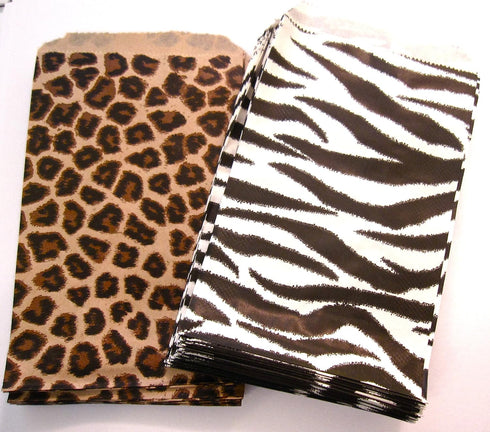 100 of 4" X 6" Small Paper Bags 50 Cheetah Leopard & 50 Zebra Animal Print Party Retail Gift Holiday Wrap Wrapping Sacks...