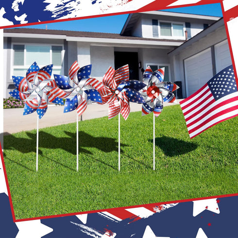 12 Pieces 7 Inch Reflective Pinwheels Patriotic Pinwheel American Flag Pattern Pinwheel for Celebrating Independence Day, Patriotic Decorations fo...