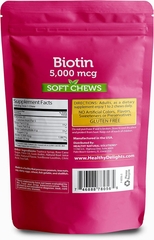 Healthy Delights Naturals, Biotin Soft Chews, Supports Lustrous Hair, Glowing Skin & Strong Nails, Delicious Wild Berry Flavor, 30 Count...