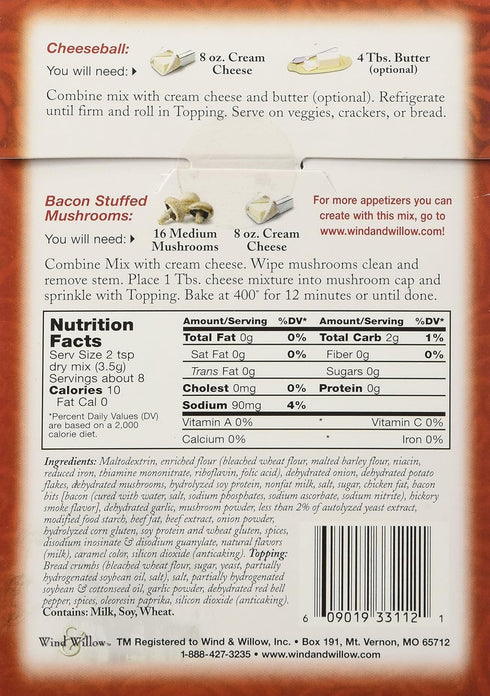 Wind & Willow Bacon Stuffed Mushroom Cheeseball & Appetizer Mix...