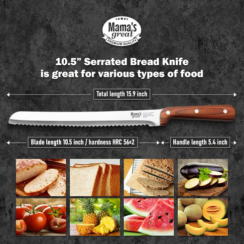 Mama's Great Ultra Sharp Serrated Bread Knife for Homemade Bread with 10.5 Inch Wide Wavy Edge...
