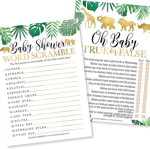 Hadley Designs Hilarious Baby Shower Games Set – 25 Double-Sided Cards for 25 Guests, 2 Games, Word Scramble Baby Shower Game, True or False, Gend...