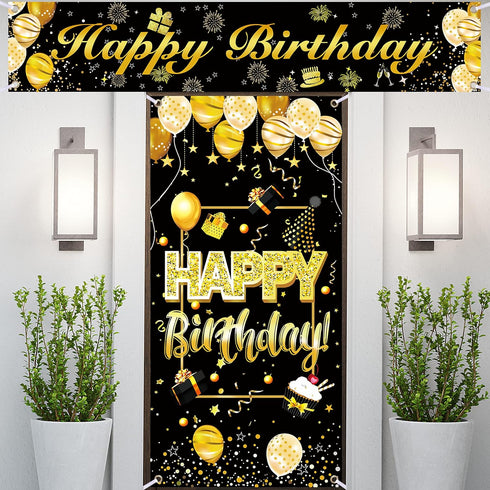 IMISI Happy Birthday Door Banner & Backdrop, Black & Gold, Size 6.16 x 3.15 ft & 6.9 x 1.47 ft, Foldable, Lightweight, Indoor Use, Birthday Occasi...