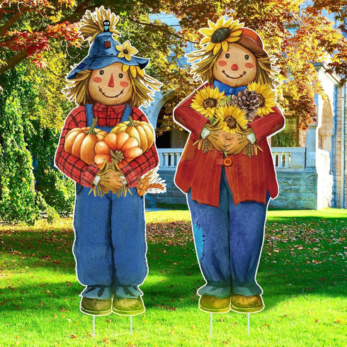 2 Pcs 11.3 x 31.5 Inches Fall Yard Signs Autumn Garden Decor with Stakes Thanksgiving Lawn Signs for Fall Thanksgiving Party Pathway Decor(Scarecr...