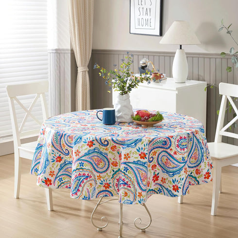 Newbridge Boho Chic Paisley Vinyl Tablecloth with Flannel Backing, 70 Inch Round, Blue Red and Pink Floral Print, Wipe Clean Table Cover for Dinin...