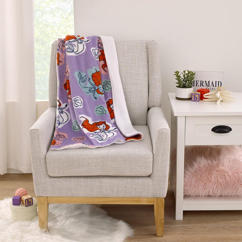 Disney The Little Mermaid Orange, Lavender, Aqua and White Ariel Super Soft Sherpa Baby Blanket...