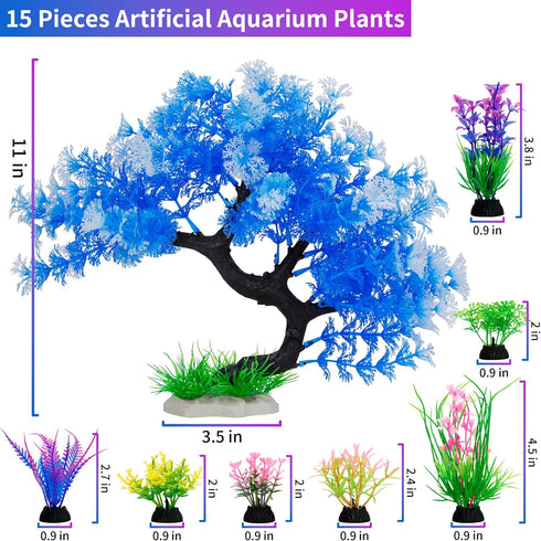 MyLifeUNIT Fish Tank Decorations, 15 Pack Artificial Aquarium Plants Tree Set for Fish Tank Decor (Bule Set)...