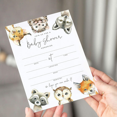 Bliss Collections 25 Baby Shower Invitations with Envelopes Woodland Animals, Forest Creatures, Fox, Owl, Racoon, Wolf, Hedgehog, Bobcat - Gender ...