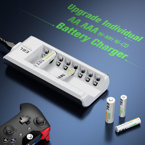 EBL AA AAA Battery Charger, 8-Bay Individual Charger for NiMH NiCD Rechargeable Batteries with AC Plug Fast Charging...