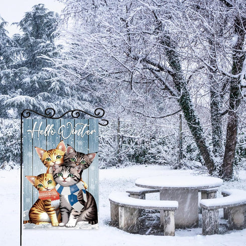 Cat Hello Winter Scarf Snowy Small Decorative Garden Flag,Cute Outdoor Blue Garden Flag,Snow Christmas Holiday Outside Decorations Yard Flag,Chris...