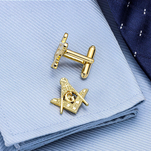 AMITER Masonic Tie Clip and Cufflinks Set, 18K Gold Mens Necktie Bar Cuff Links Personalized Gift for Freemason Husband Father Boyfriend...