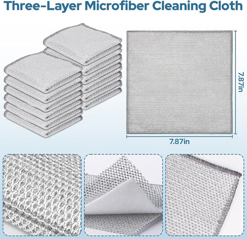 12PCS Three Layer Steel Wire Dishcloth, Multi-Functional Non-Scratch Wire Dishcloth, Wet and Dry Cleaning Rags, Stainless Steel Cleaning Cloth, Ki...