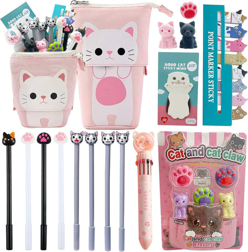 Kawaii Cute Stationary Set Pop Up Pencil Case,8 x Cat Pens,10-in-1 Multi Color Pen,2 x Stickers Cat Sticky Notes Page Markers and Fun Erasers Pack...