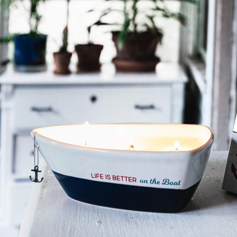 Pavilion Gift Company Life is Better 10 Oz Triple Wick Candle in Ceramic Boat Dish, Blue, 67770, 67770, 67770, 67770...